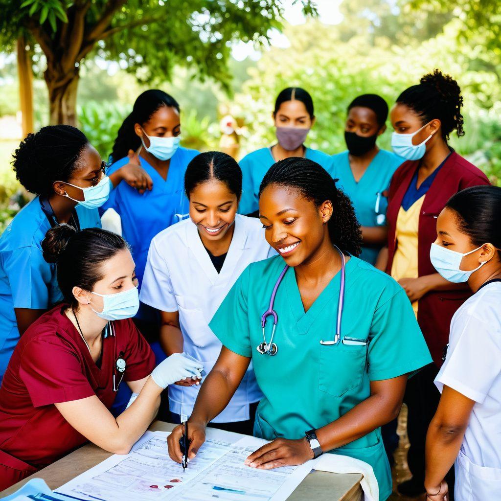 A compassionate medical professional providing care to diverse individuals in a vibrant, makeshift clinic surrounded by lush greenery and hopeful smiles. Include elements like stethoscopes, bandages, and medical charts to symbolize healing. Capture the essence of humanity, collaboration, and transformation, with warm, welcoming colors highlighting the positive impact of aid. super-realistic. vibrant colors. warm tones.