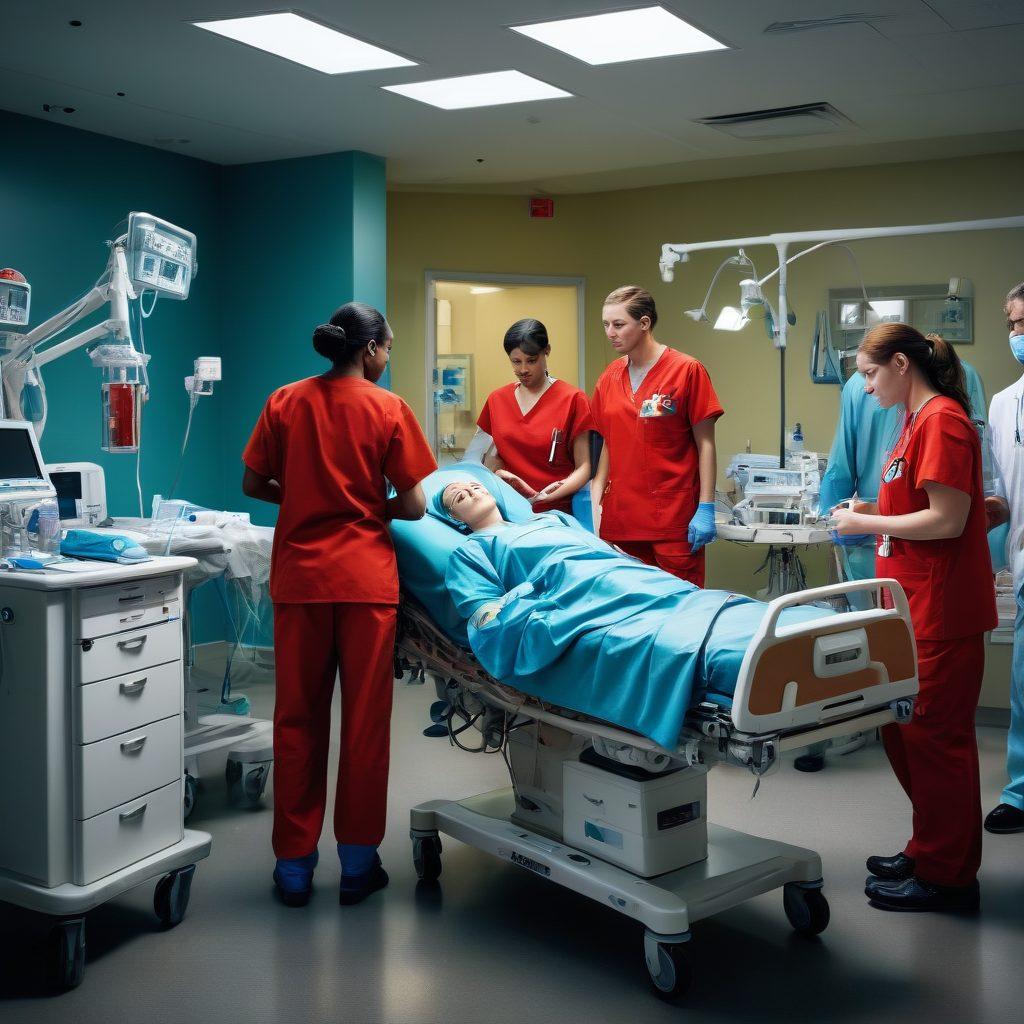 A dynamic scene depicting medical professionals in action, surrounded by emergency equipment and a diverse group of patients receiving care. Illustrate a sense of urgency with bright, dramatic lighting, showcasing compassion through the expressions of the caregivers. Include elements that represent mounting challenges, like an urban backdrop hinting at a crisis situation. The professionals should wear modern scrubs and utilize high-tech medical devices, capturing the essence of dedicated emergency care. vibrant colors. super-realistic.