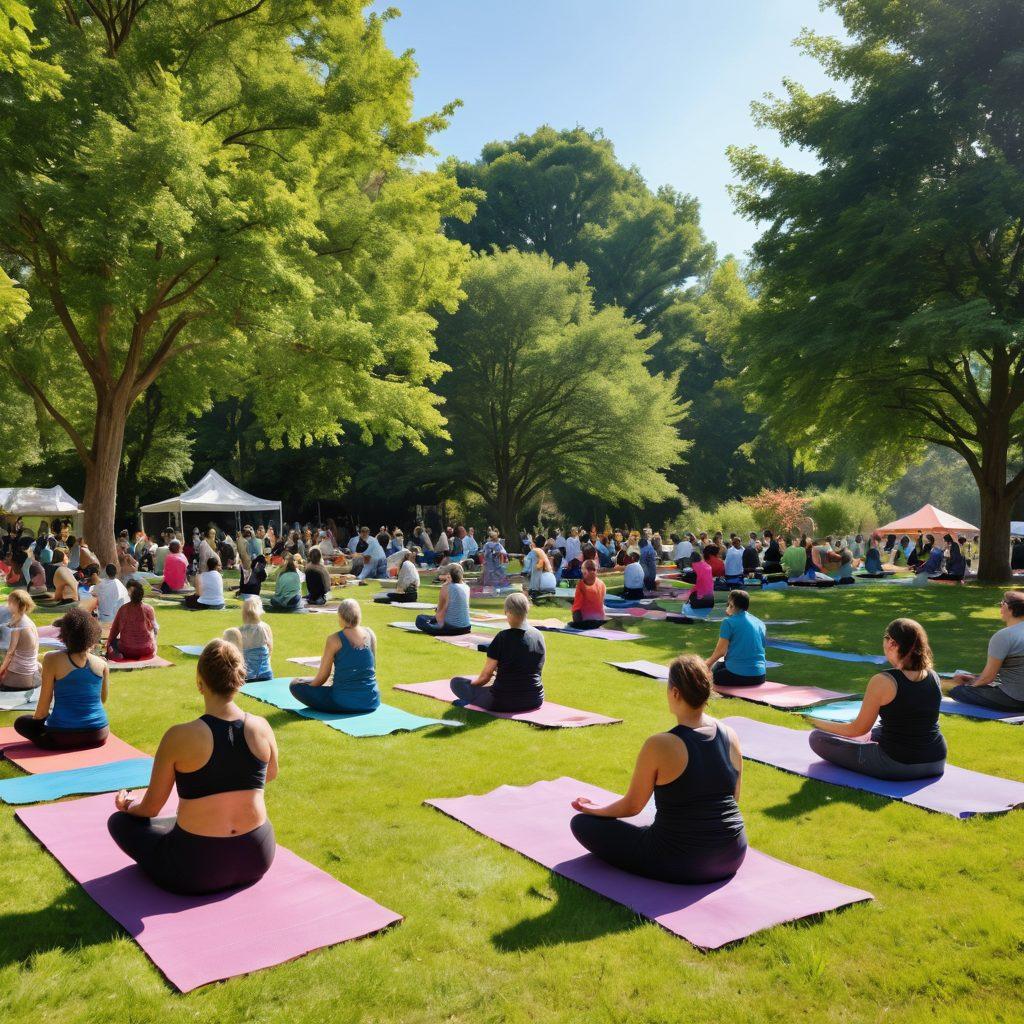 A vibrant community scene showcasing diverse people engaging in various health initiatives organized by nonprofits. Include visual elements like a health workshop, a food distribution event, and a group practicing yoga in a park, all surrounded by greenery and a sense of unity. Emphasize warmth and positivity through bright colors and smiling faces. super-realistic. vibrant colors. 3D.
